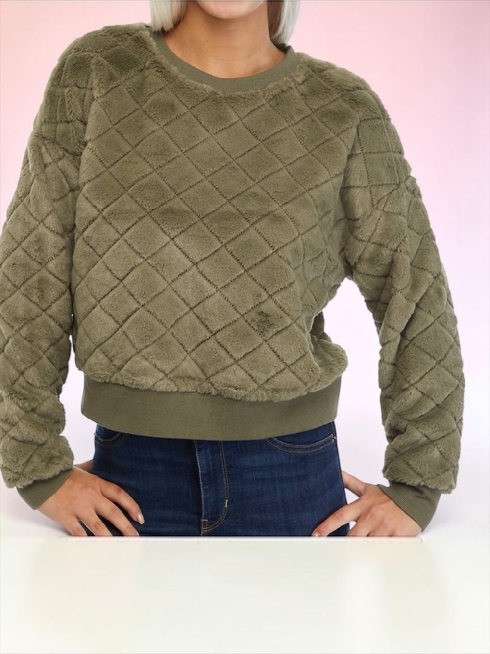 Chance or Fate Quilted Faux Fur Sweatshirt Olive Green Women’s XL NWT